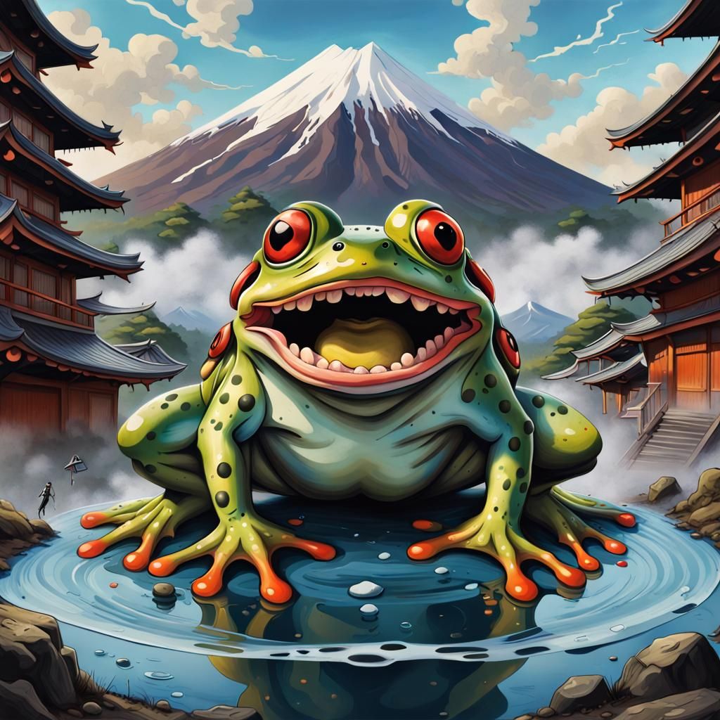 Giant yokai frog.Giant like Mount Fuji.Inside the frog's ope...