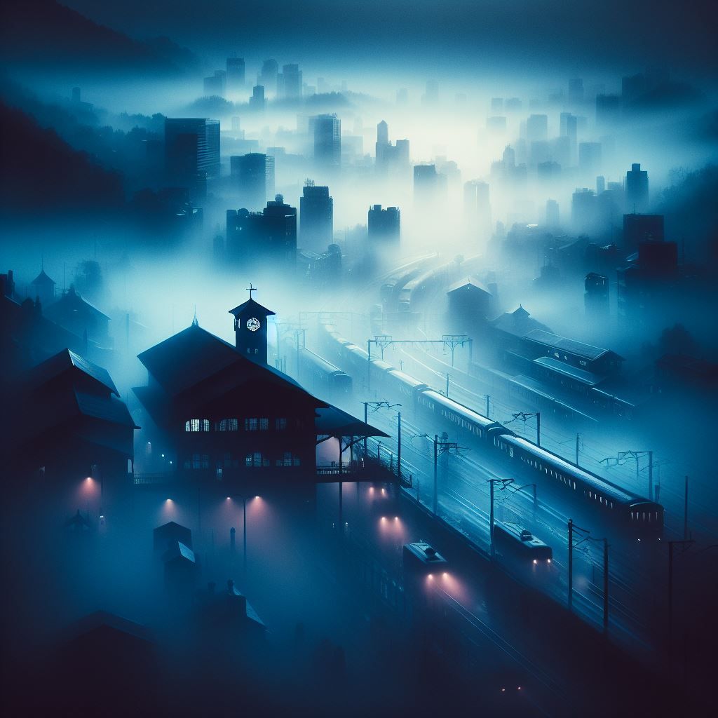 Train station in mist, blue hour