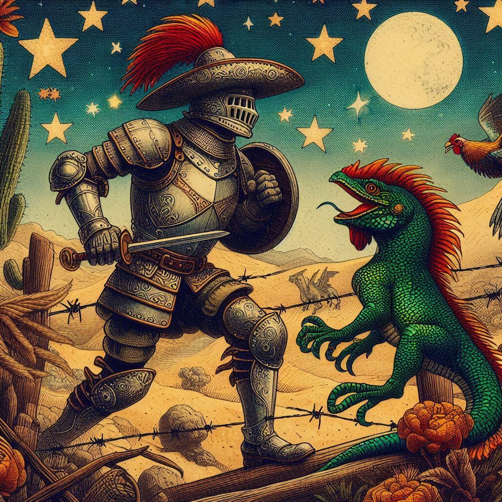 Don Quixote Fights Barbed Wire And A Lizard