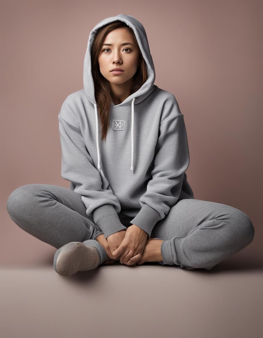 Pokimane sitting cross legged with her hands covered by her hoodie ...