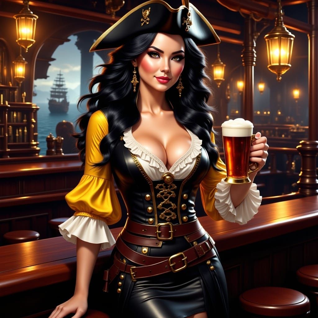 <lora:PirateStyleFlux:1.0> stunning pirate woman, wavy black hair, a black skirt, yellow blouse with lace and ruffles, leather bodice, beaut...