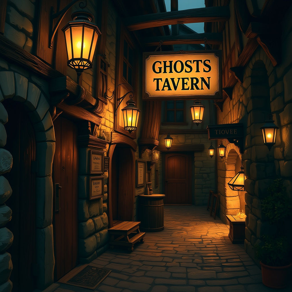 A cozy medieval tavern hidden along winding stone streets of an old town. The streets glow with flickering ...  by @Lenhudiel
