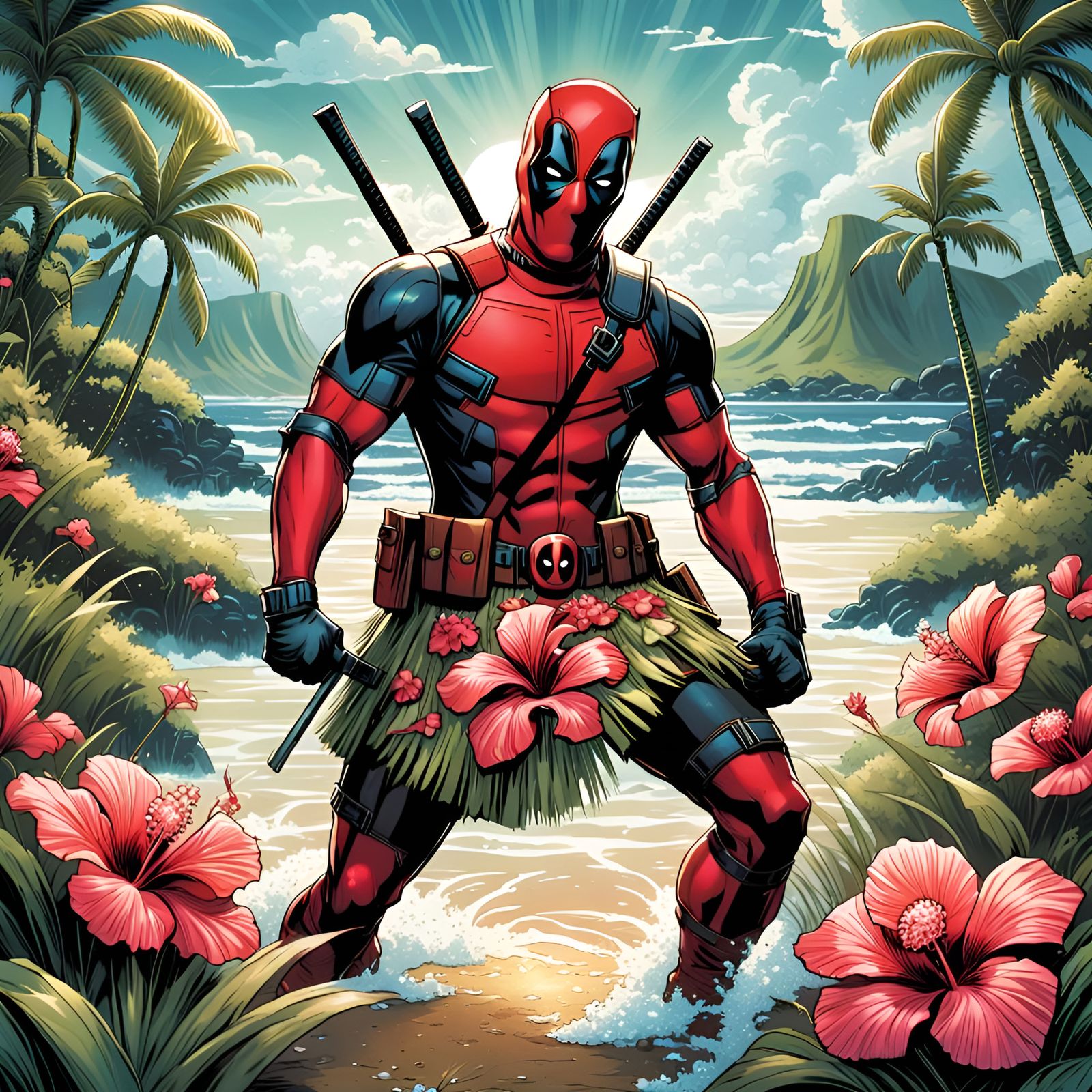 Deadpool in Hawaii  by @moo-kun