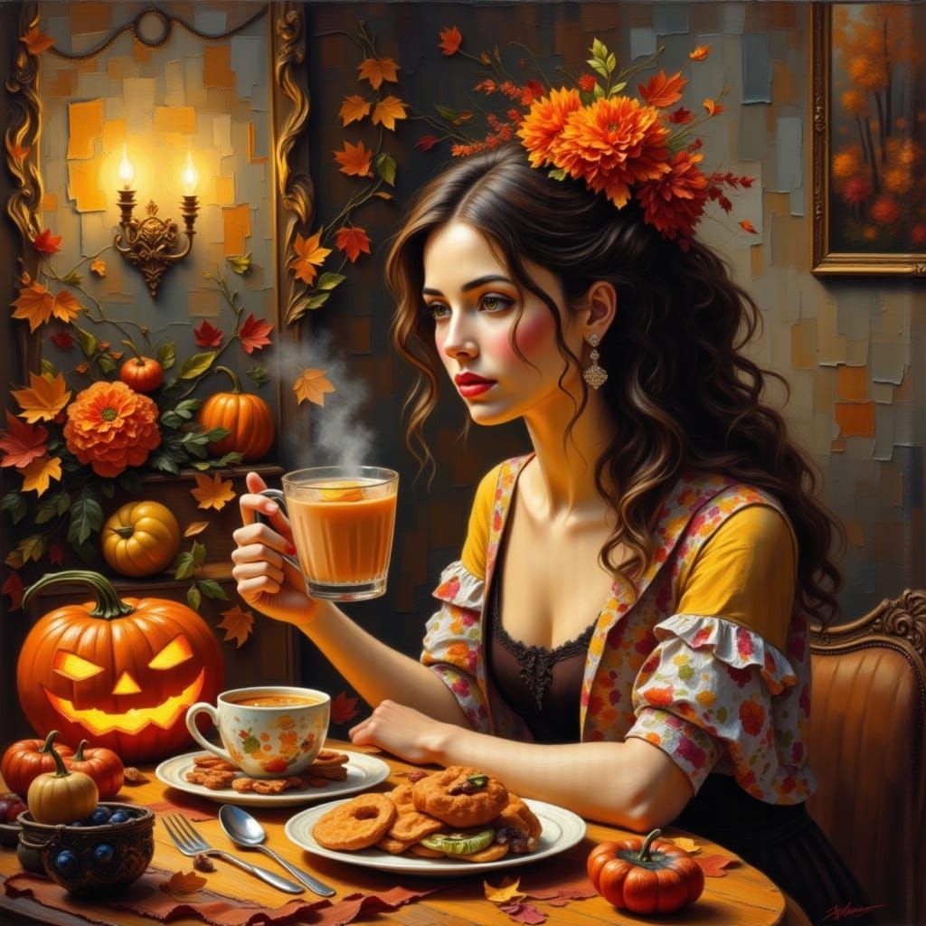 Elegant Woman's Cozy Halloween Breakfast in Impressionist St...