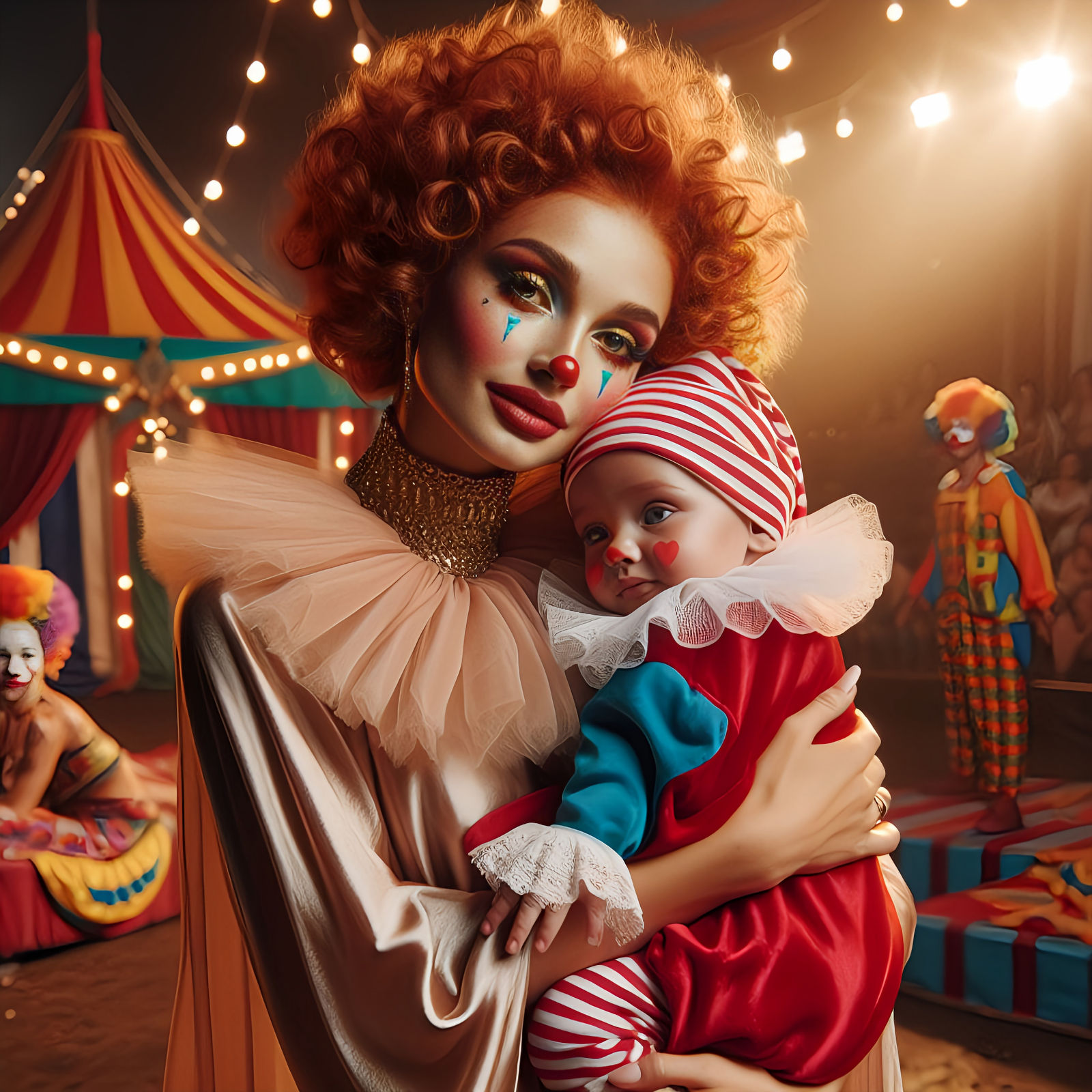 A mother clown hugging her baby before the big top show.