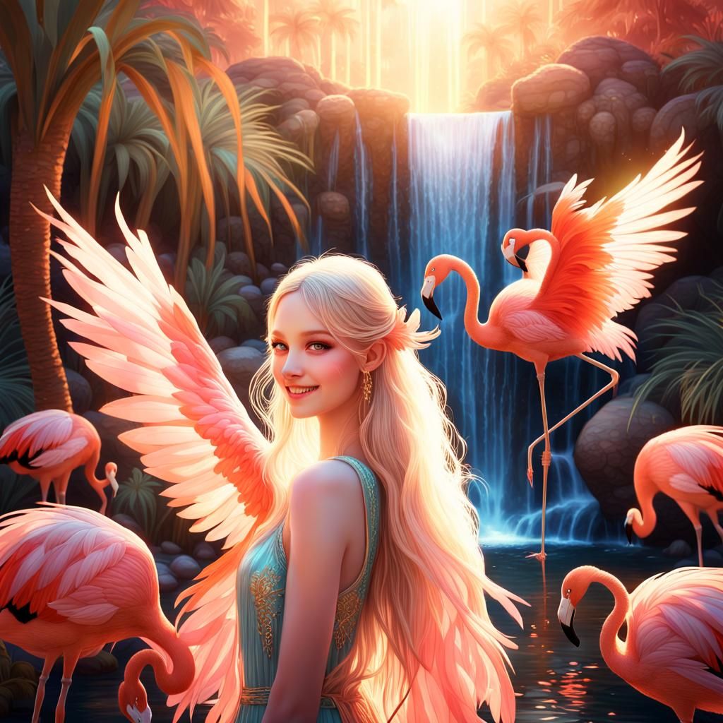 /imagine prompt: glitter, natalie shau, lava glow, tropical, candy colors, нежная воздушная фея улыбается счастливо, без обуви, с длинными р...