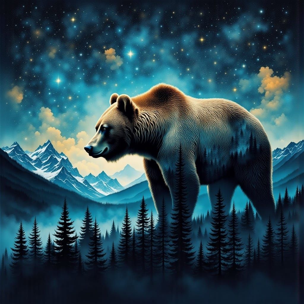 Double exposure of Grizzly bear and mountainscape, forest, night, hyperdetailed double exposure textured fantasy illustration with large vis...