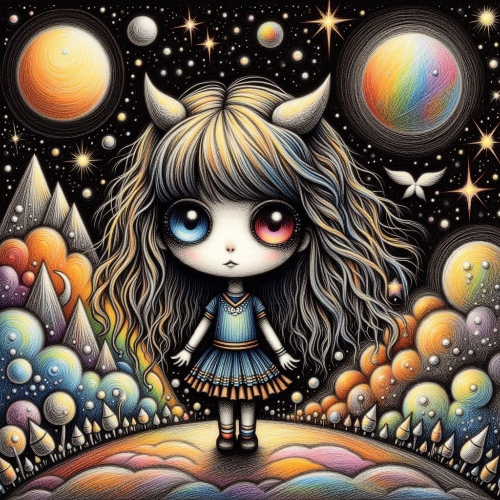 <lora:Mythic Draw:1.0> Chibi goth with   Big googley  eyes ,photogram of collection of random dreams   Van Gogh starry, night , rainbow, kid...