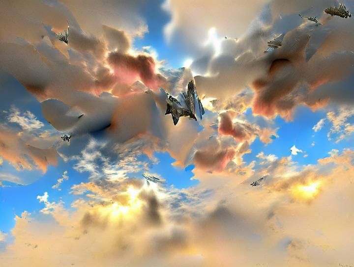 Fighter jet flying through a beautiful sky