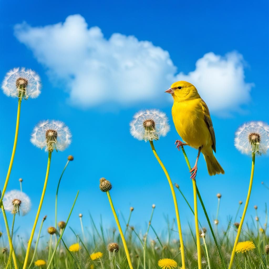 Yellow Canary in a field of Dandelions