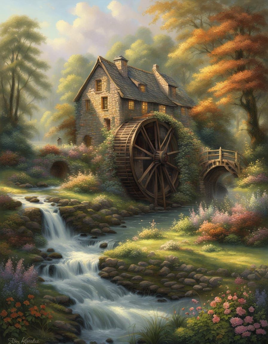 Majestic Watermill in Impressionist Style