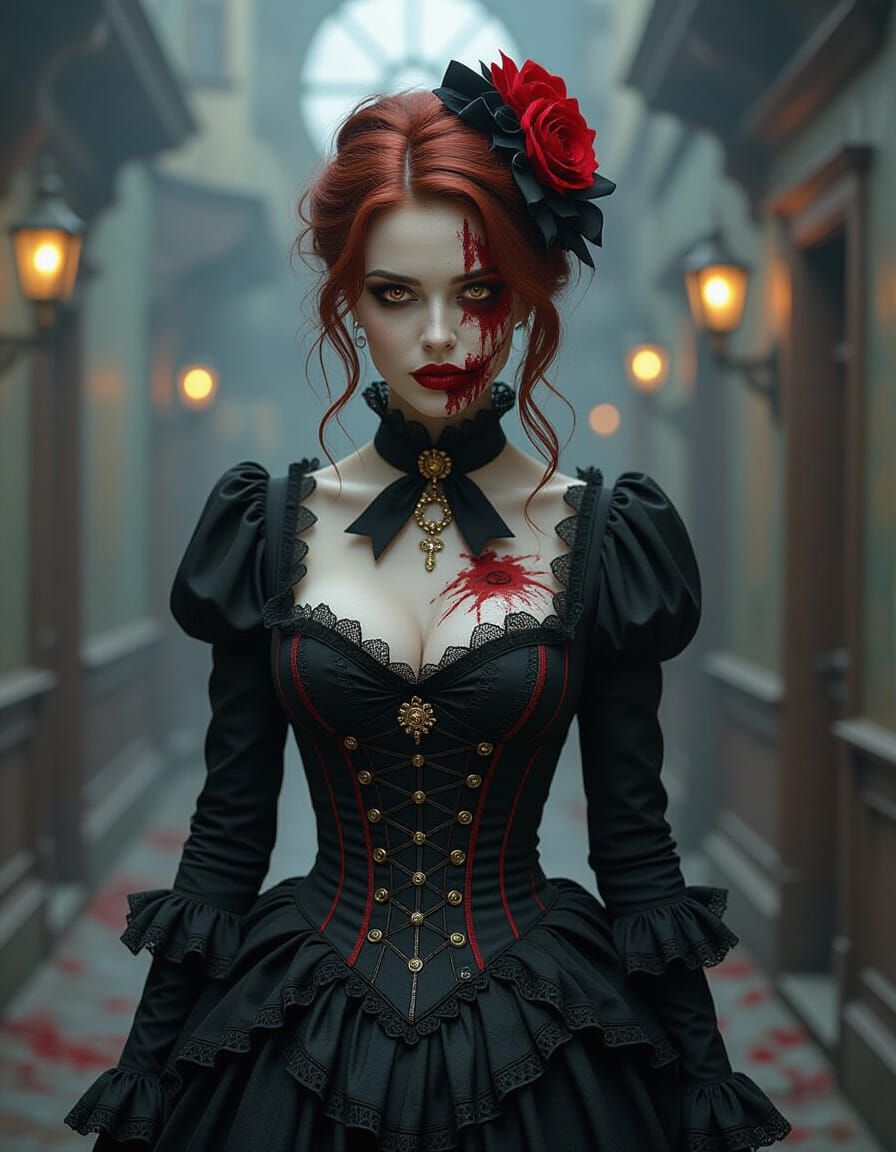 hyperrealistic horror character design—I need your help creating a cinematic 8K steampunk zombie woman with melancholic beauty. Craft photor...