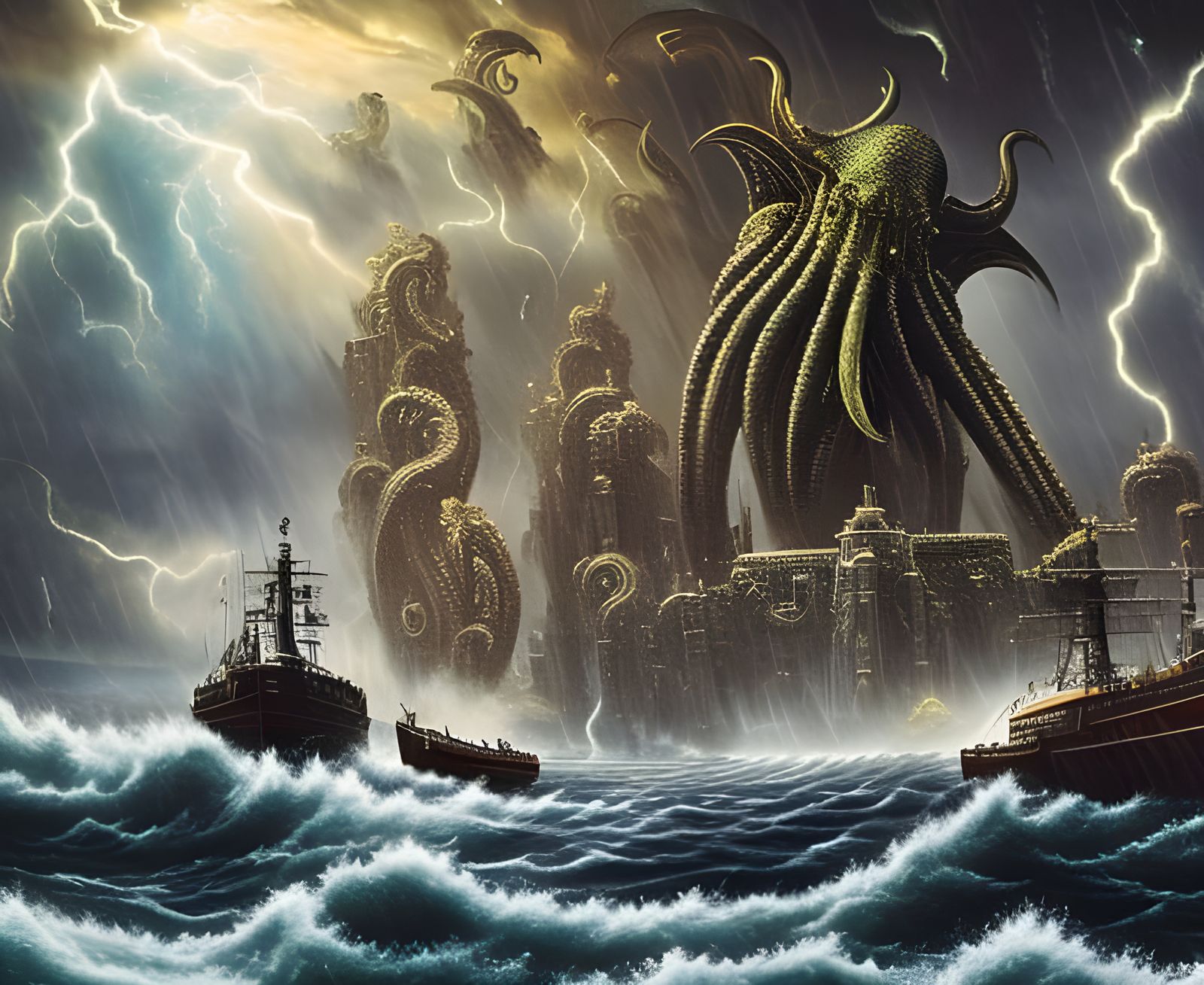 Cthulhu and his Minions Tormenting the Ships - AI Generated Artwork ...