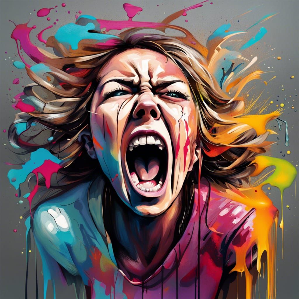 Woman screaming holding head terrified AI Generated Artwork