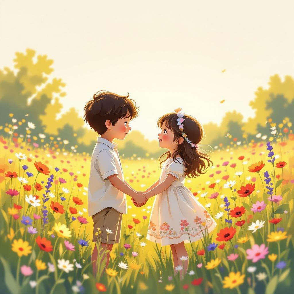Beautiful Children Holding Hands in Sunlit Meadow