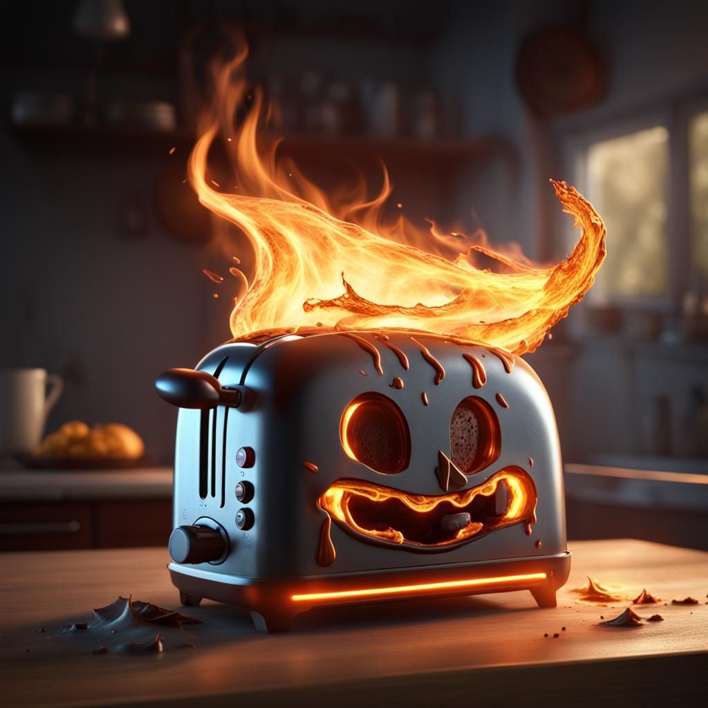 An Evil possessed Toaster burning toast  by @TJOmalley