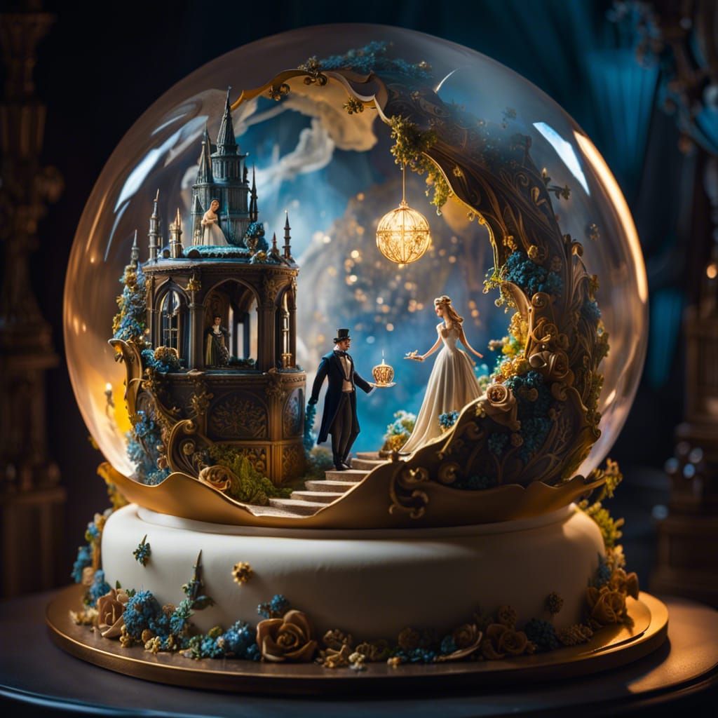 Miniature fantasy coming out of a wedding cake within a sphere, a couple, prisms, detailed fantasy background, ...  by @shs_kenya
