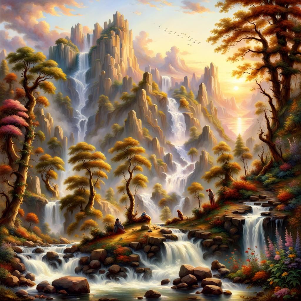 Beautiful mystic waterfall, highly detailed intricate realis...