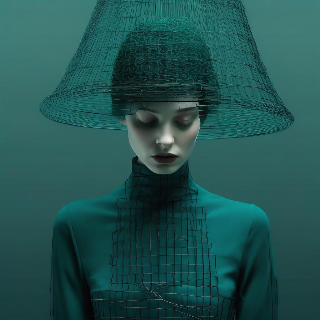 Portrait in wire and teal.