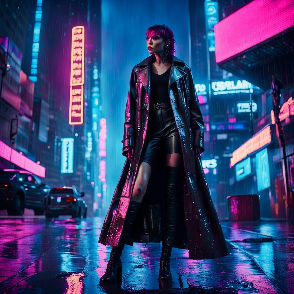 Cyberpunk Cityscape with Woman in Trench Coat