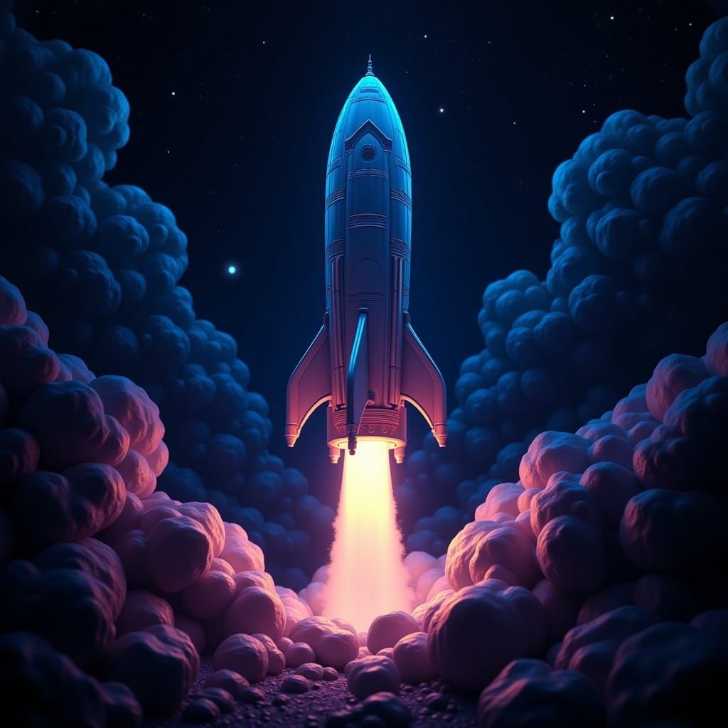 <lora:Flux Glow:1.0> breath-takingly bioluminescent rocket ship insanely hyperdetailed.