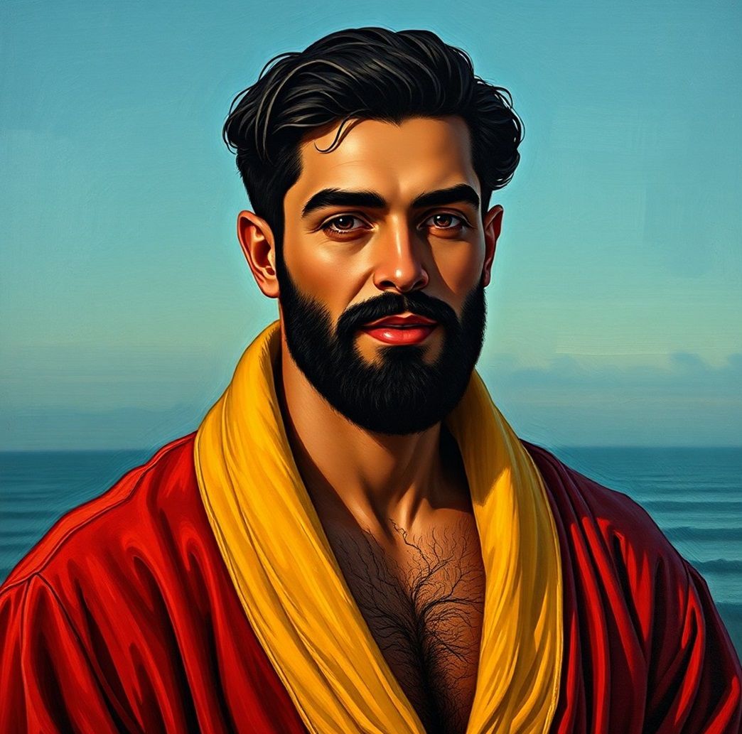 A full-bearded man  by the sea