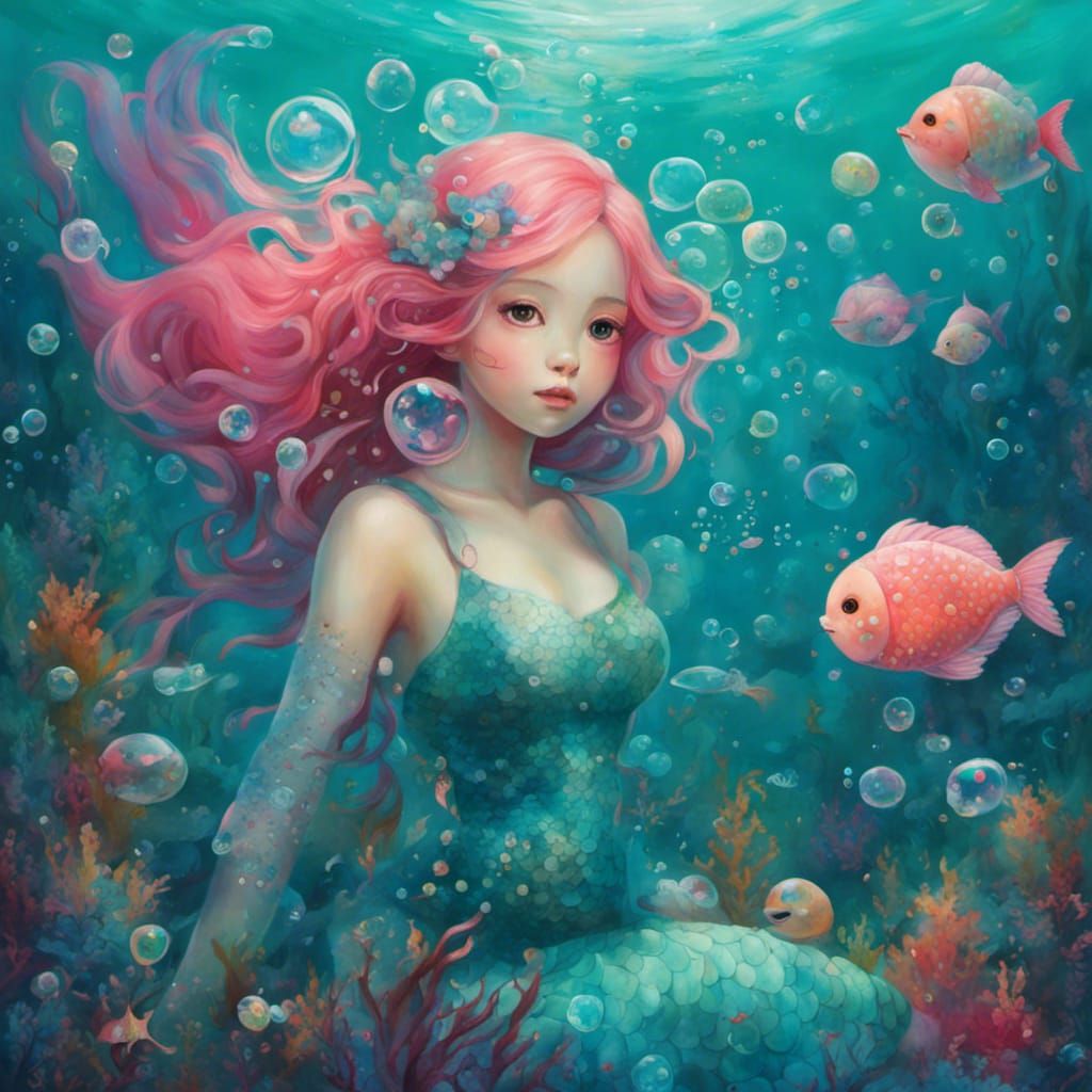 Beautiful mermaid underwater with bubbles by Hikari Shimoda - AI ...