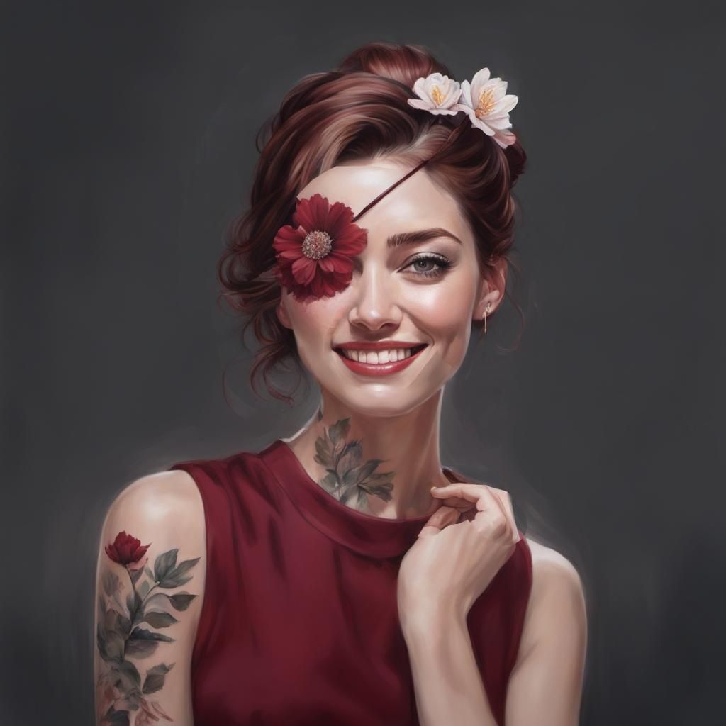 Realistic oil painting of smiling woman wearing an eyepatch with red flower on it