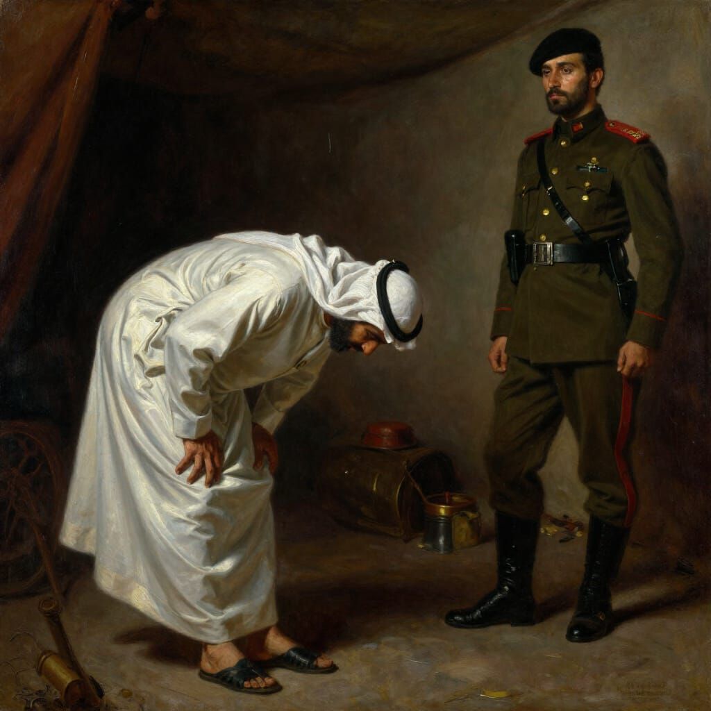 Man Bows to Soldier in Dramatic Oil Painting