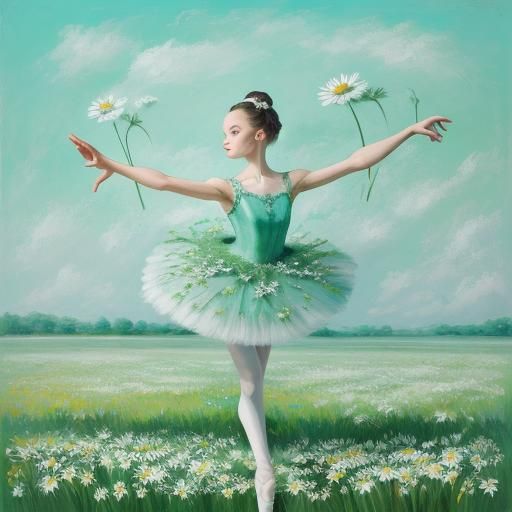 a beautiful ballerina dancing in a field of daisies, seafoam...