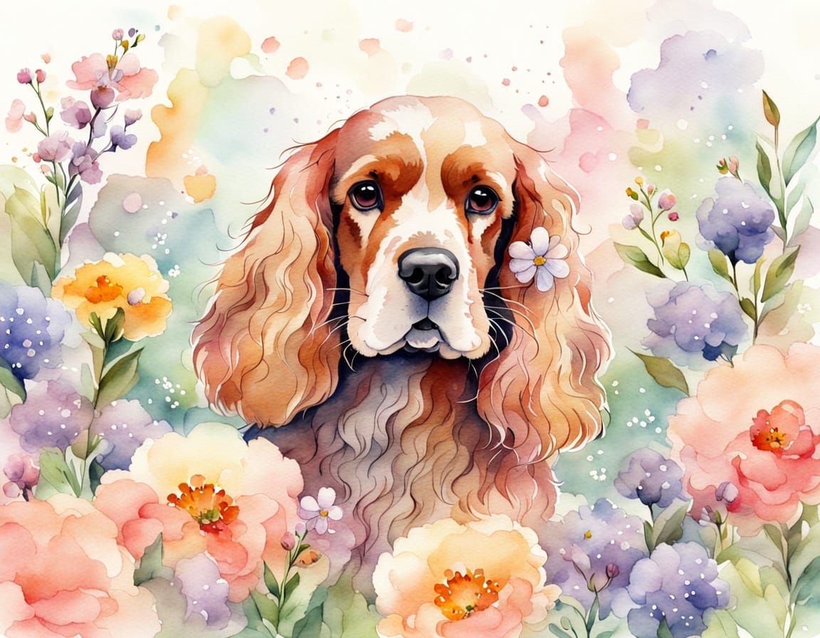 Fluffy Cocker Spaniel Surrounded by Vibrant Spring Blooms in...