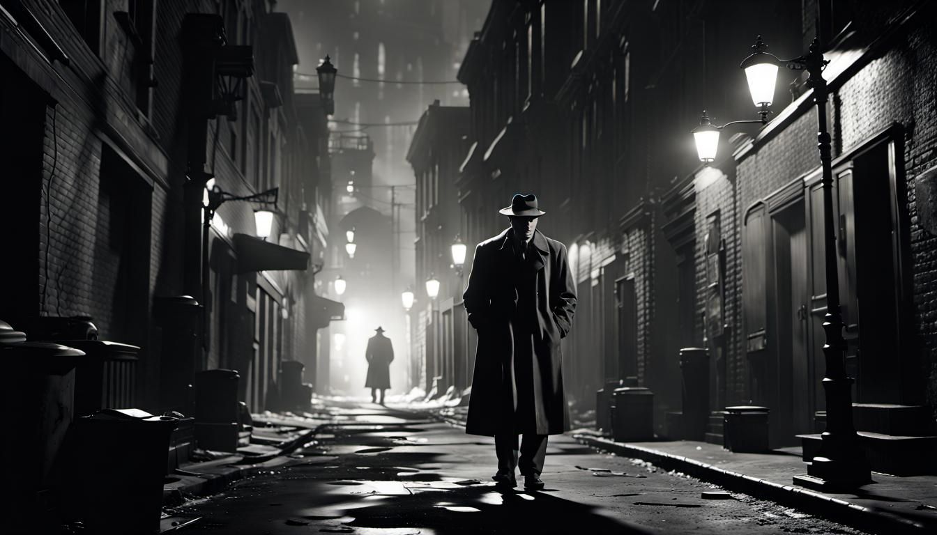 1940s detective thriller film noir, black and white, silhouette shadow of mysterious man down the alley, ...  by @ukimalefu
