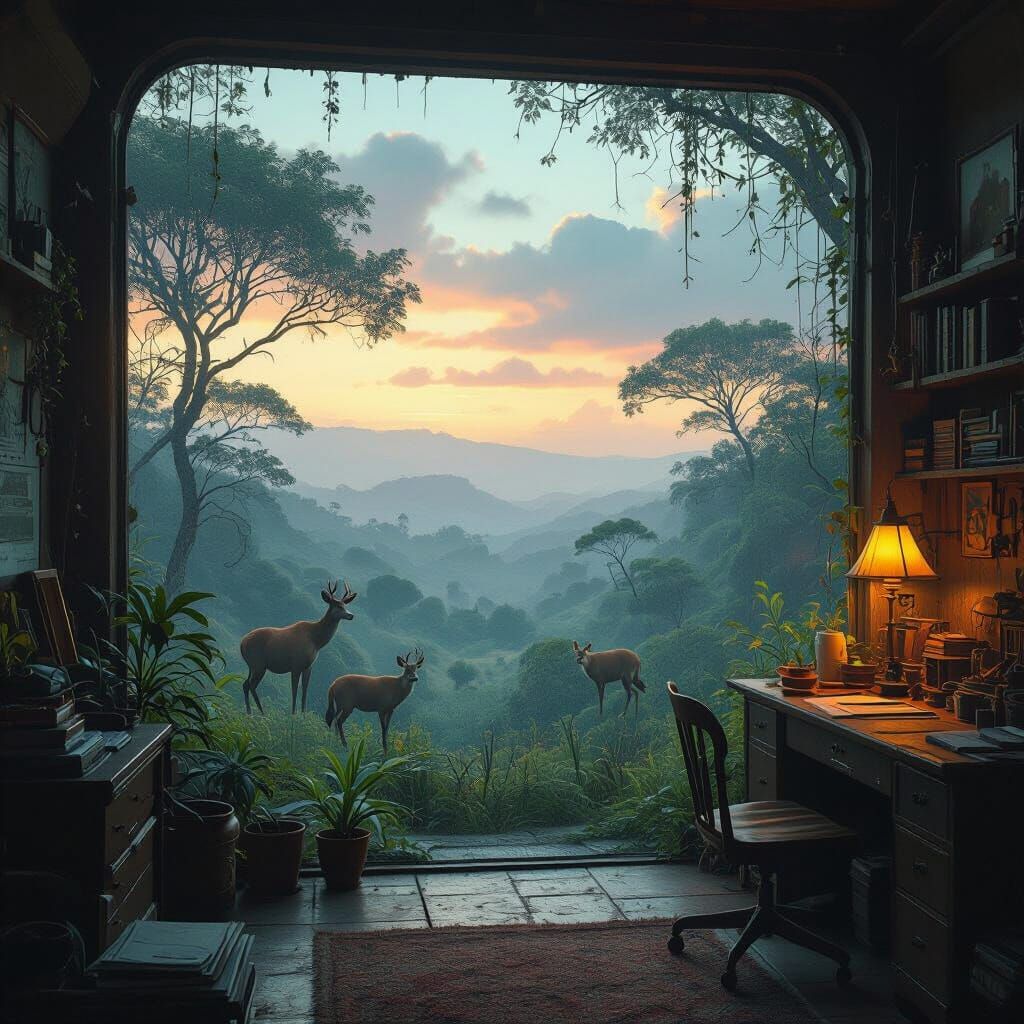 Vintage Room Overlooking Wildlife Sanctuary in Digital Art S...