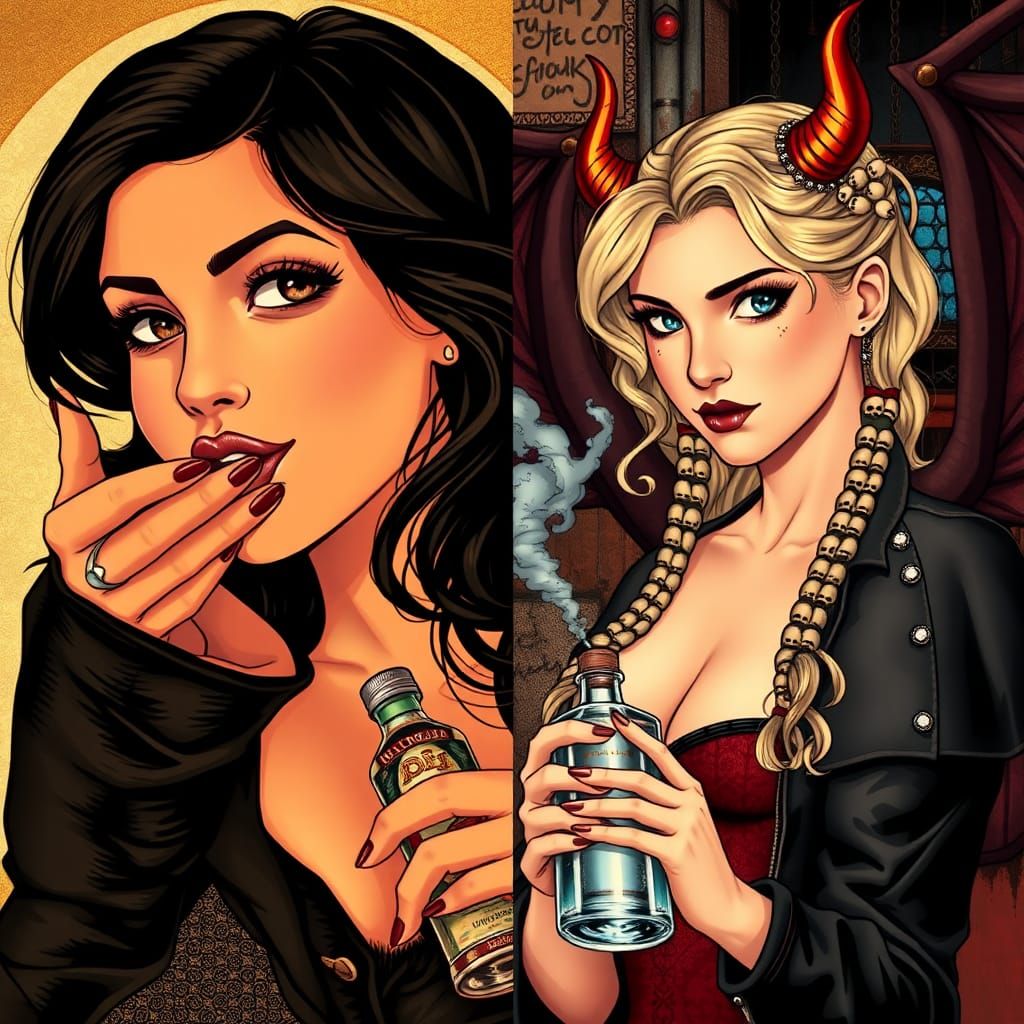 Brunette woman blowing kisses
Emo man smoking a joint 
Stunning temptress beautiful blonde braids devil horns and wings ...