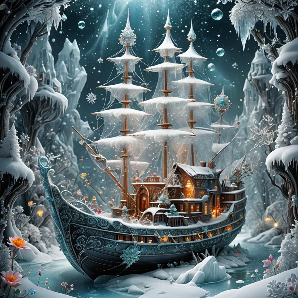 Intricate Crystal Boat Amid Snowy Dreamscape