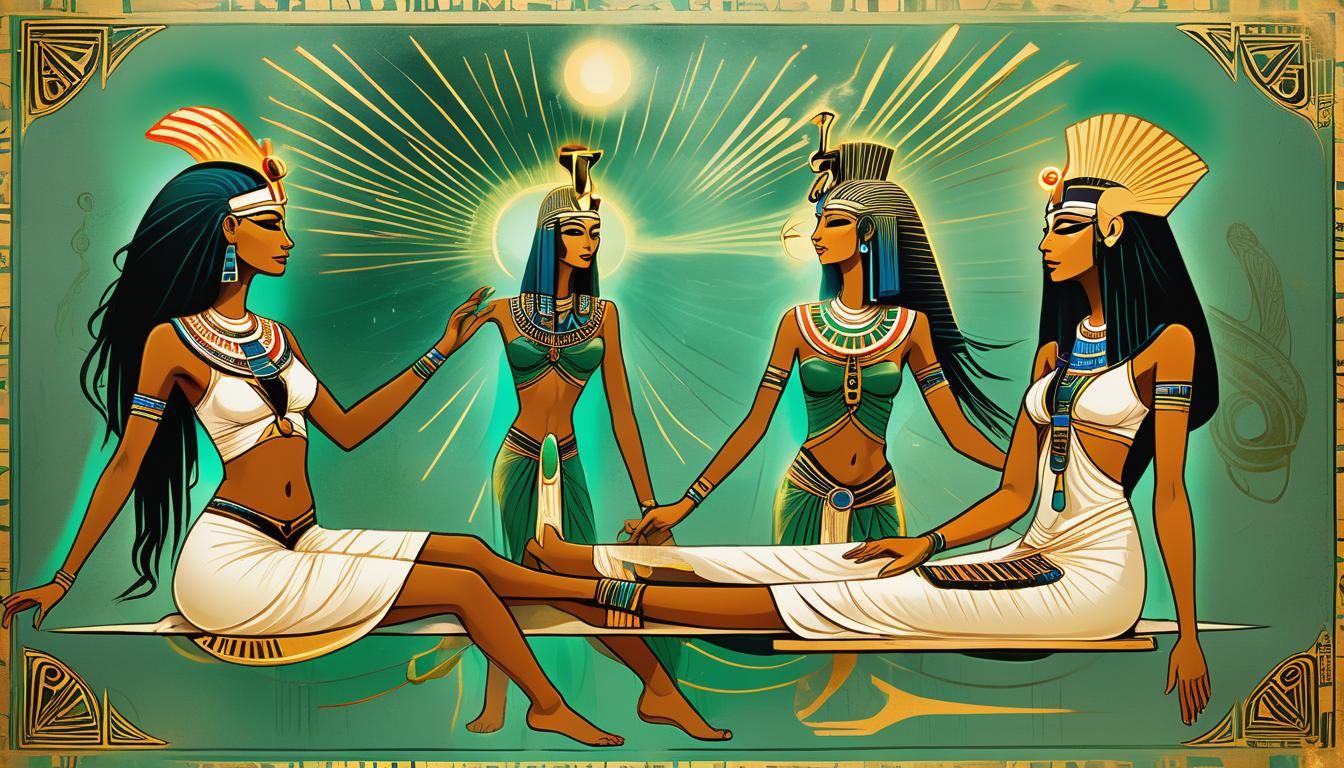 Two figures styled in ancient Egyptian attire. one girl is s...