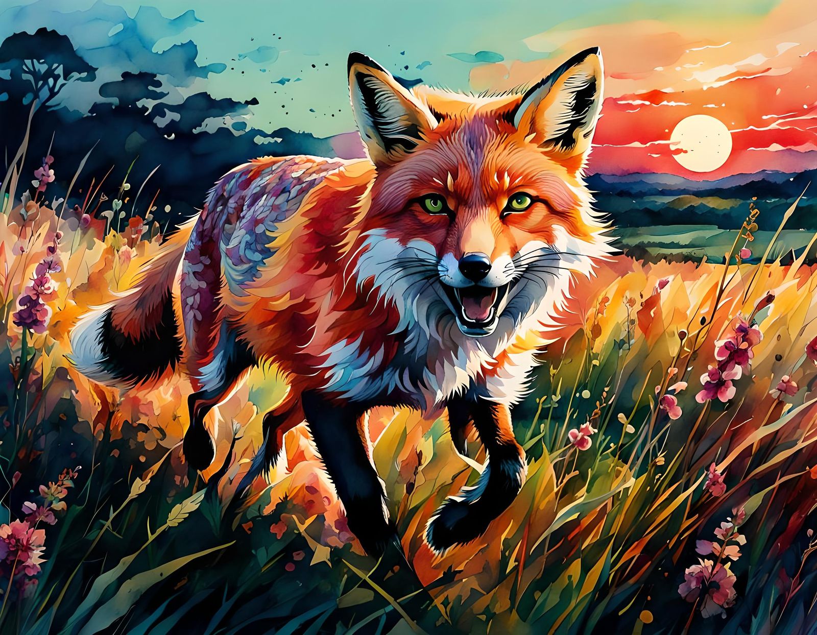 Red fox running in the field  by @That cinema teacher