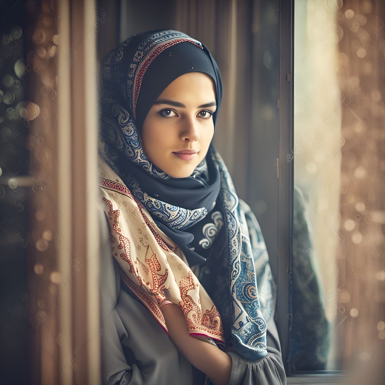 a-19-year-old-girl-with-islamic-scarf-looking-through-a-window-ai