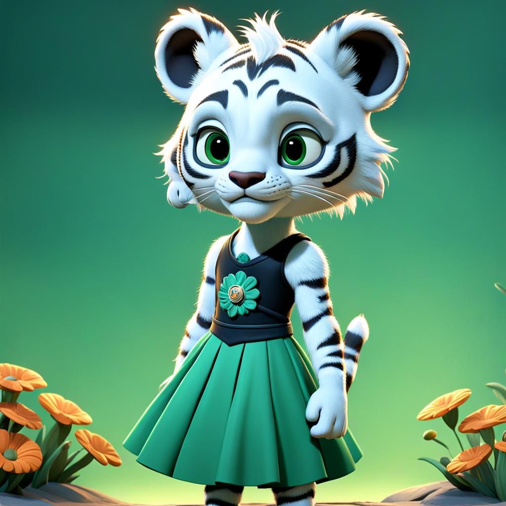 (An anthropomorphic white tigress cub 9.0)wears a tank green...