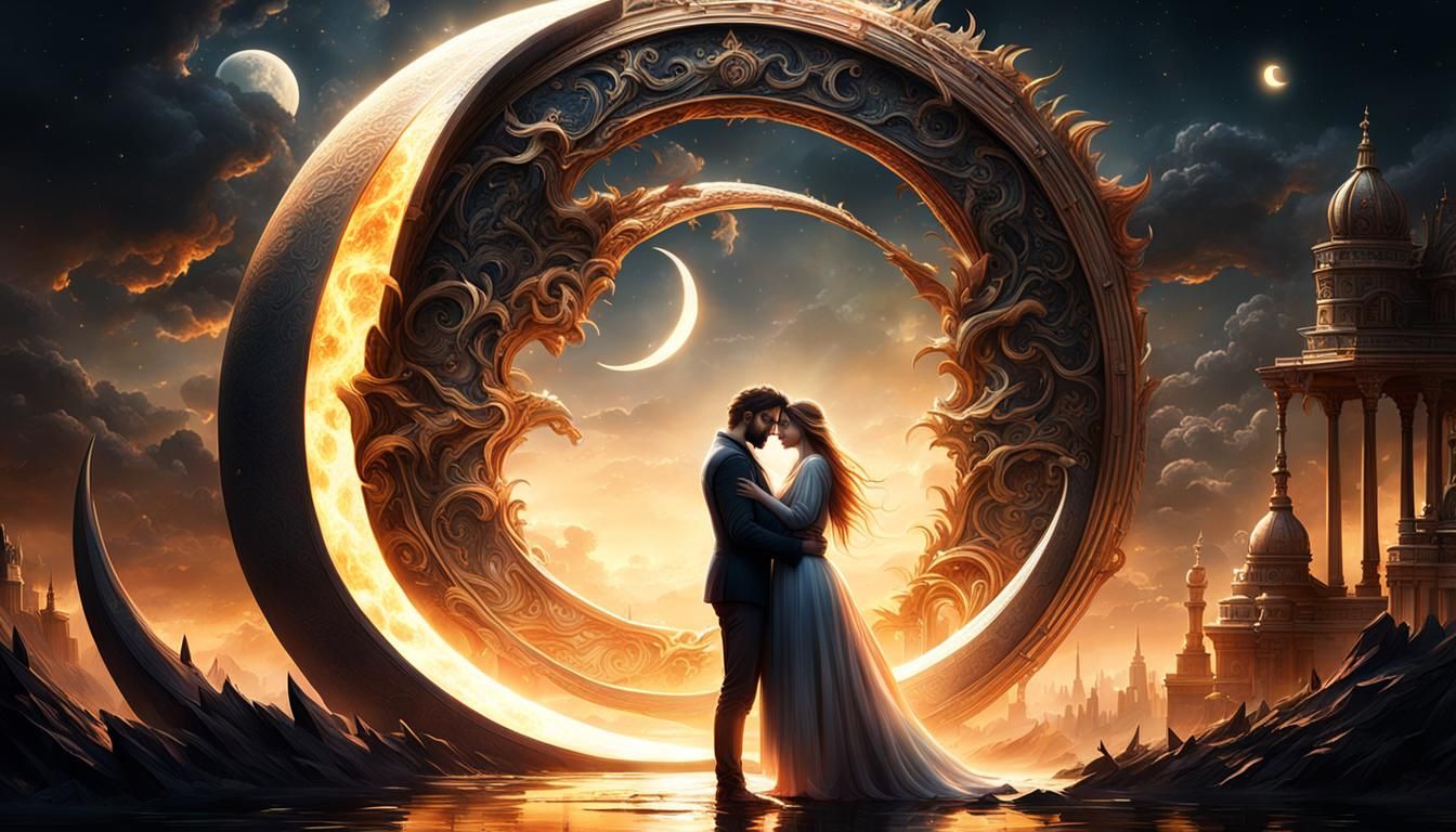 The sun in the image of a girl and the crescent moon in the ...