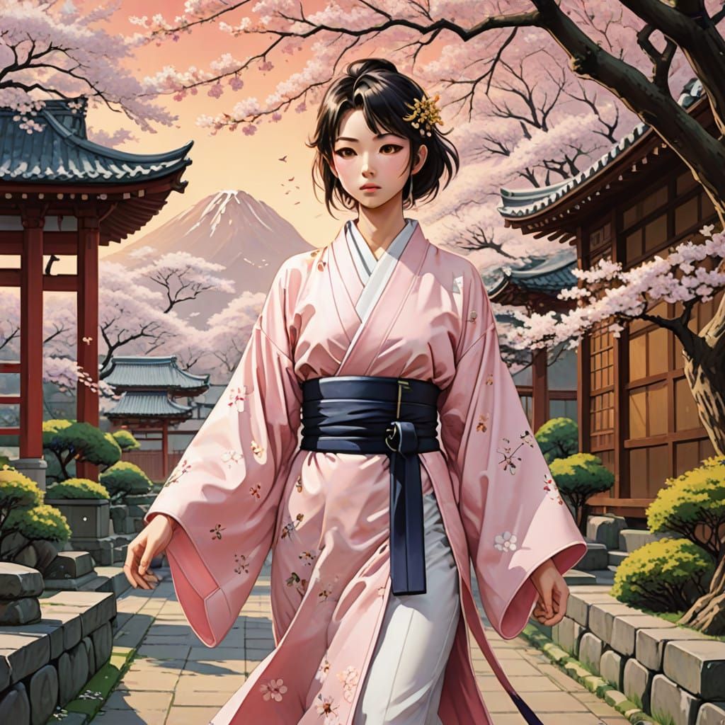 Elegant Young Woman in Japanese Garden Amid Cherry Blossoms