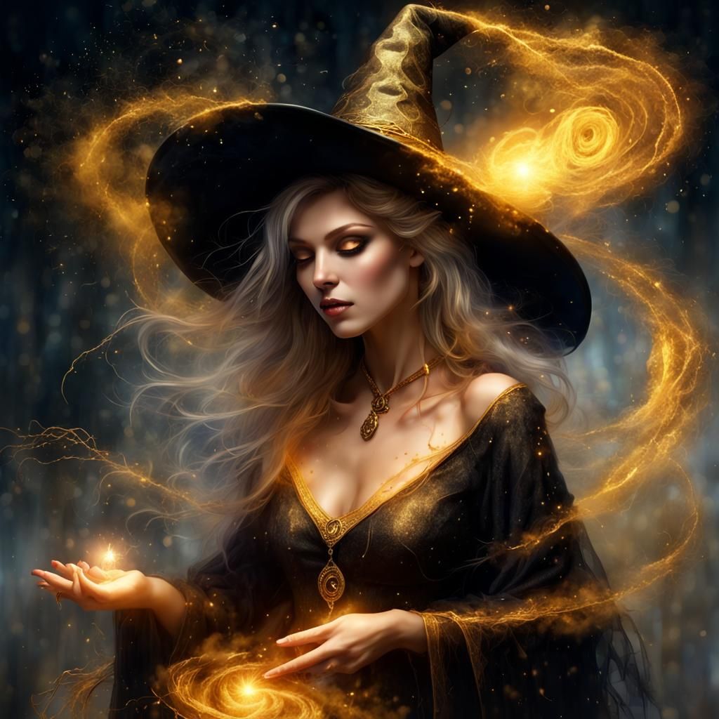 Witch with golden dust and glitter swirling around her, gossamer ...