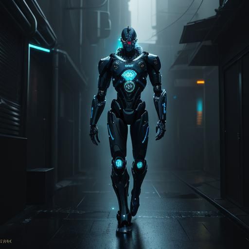 Cyberpunk Robot in Rain-Soaked Alleyway