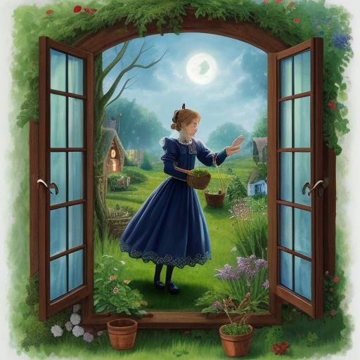 the witch at the window, herb growing in the garden, fairies...
