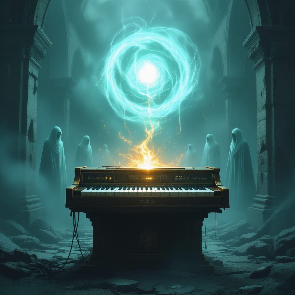 A vintage, brass-plated keyboard sits on a pedestal in a misty, forgotten ruin, its keys glowing with an inner, arcane light. As a portal of...