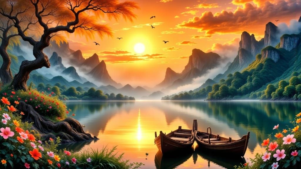Tranquil mountain lake at sunset