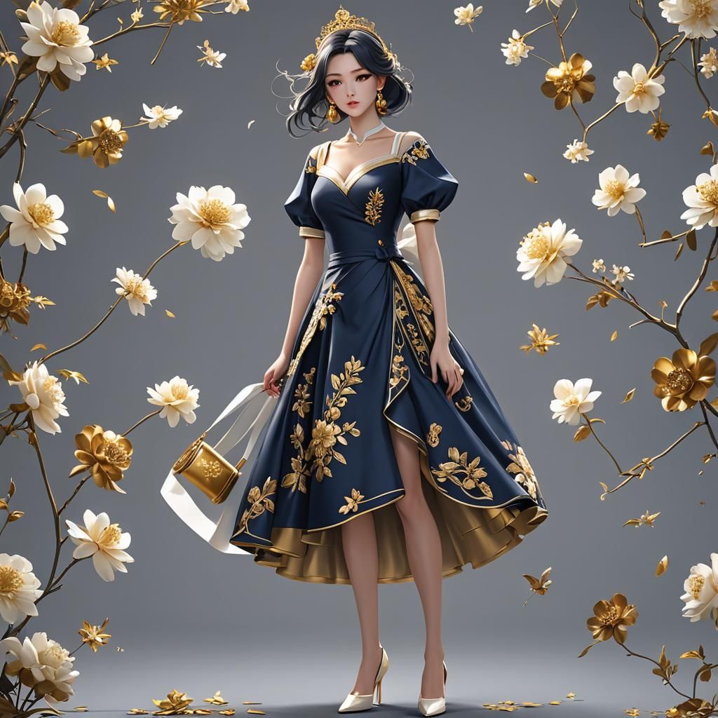 Create beautiful and stunning woman dressed in navy and gold...