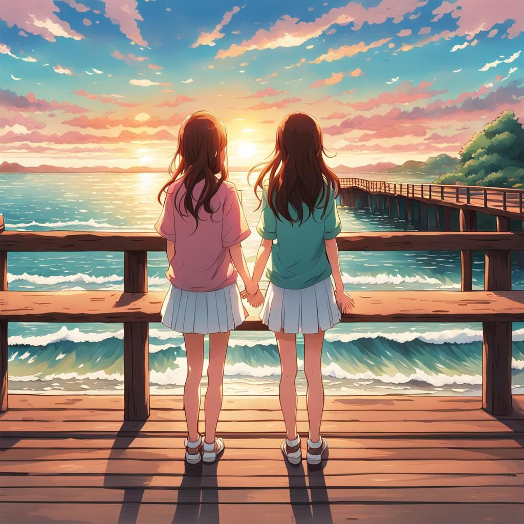 two best friends facing the sunset over the ocean holding ha...