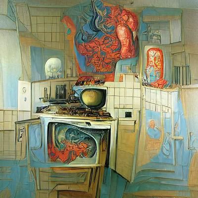 kitchen with appliances, TV, paintings, James Jean, Dali, Be...