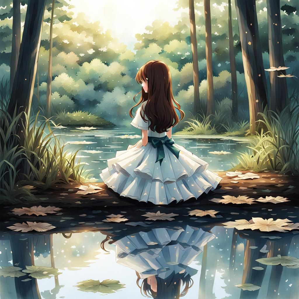 Anime Girl in Paper Dress by Forest Pond